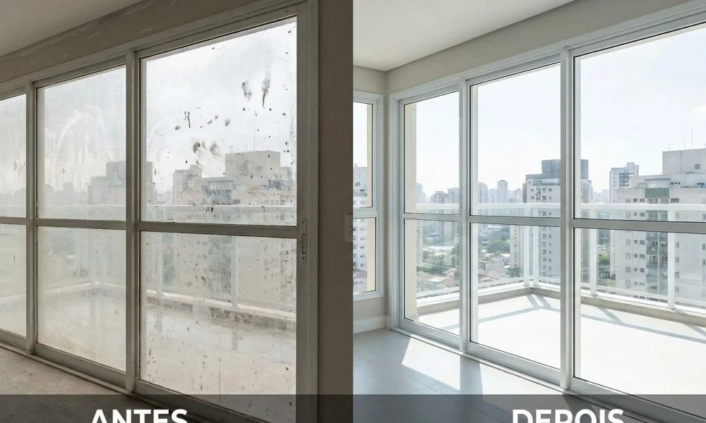 Vidros antes e depois da limpeza pós-obra